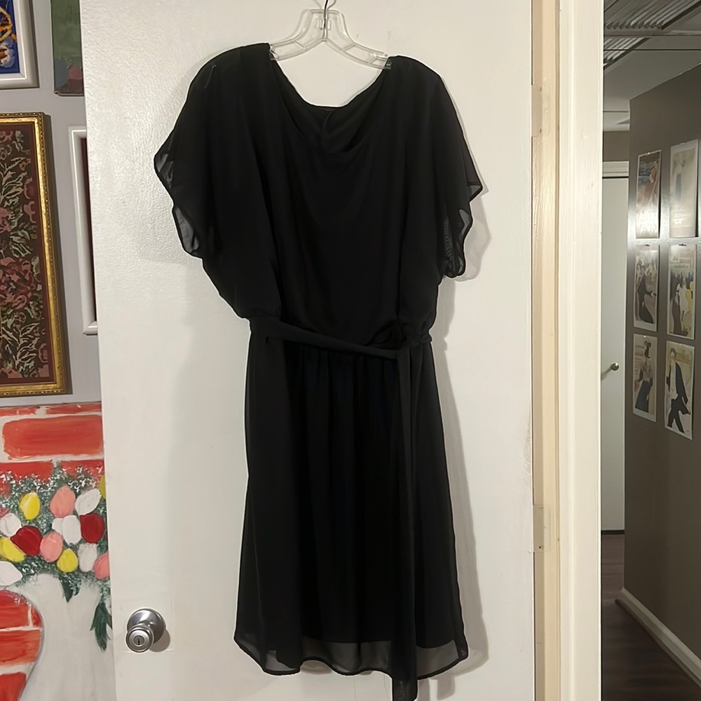 Black chiffon flutter sleeve dress w/elastic waist